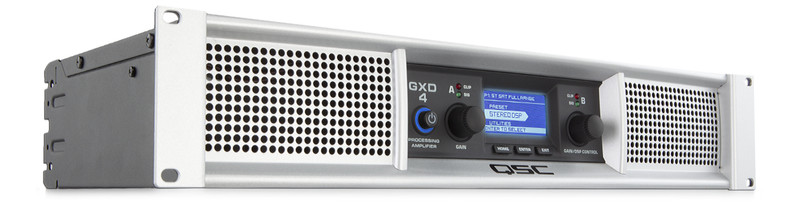 QSC GXD4 Class-D power amplifier w/ DSP, 2 channels, 400W/ch at 8-Ohm, 600W/ch at 4-Ohm, total power capacity of 1600W