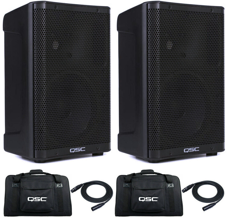 2x QSC CP8 Active 8" 1000W 2Way Powered Loud Speaker + 2x Carrying Bags + 2x Cables