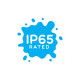 Blue IP65 rated water splash icon.