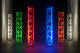 Colored lighting in metal stage trusses.