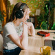 Woman wearing Scarlett headphones