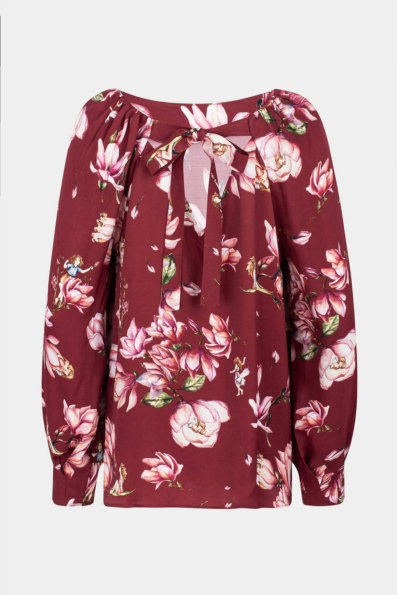 Blusa con escote barco en Tencel con espalda abierta en V y lazos, mangas raglán fruncidas