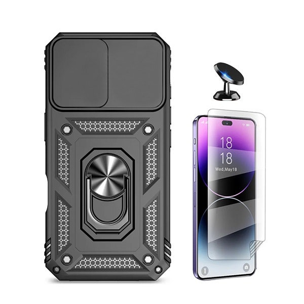 Kit Película Hydrogel Full Cover Frente + Capa Magnetic Military Defender Slide Window + Suporte Magnético de Carro para Apple iPhone 16 - Preto