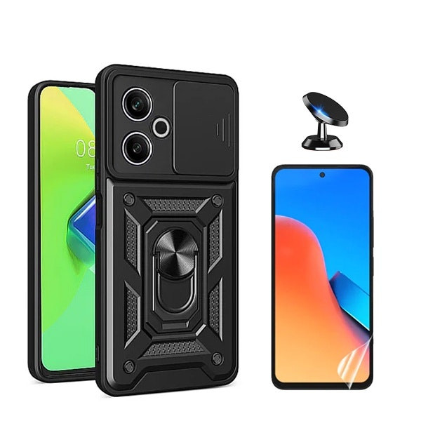 Kit Película Hydrogel Full Cover Frente + Capa Magnetic Military Defender Slide Window + Suporte Magnético de Carro para Xiaomi Poco M6 4G - Preto