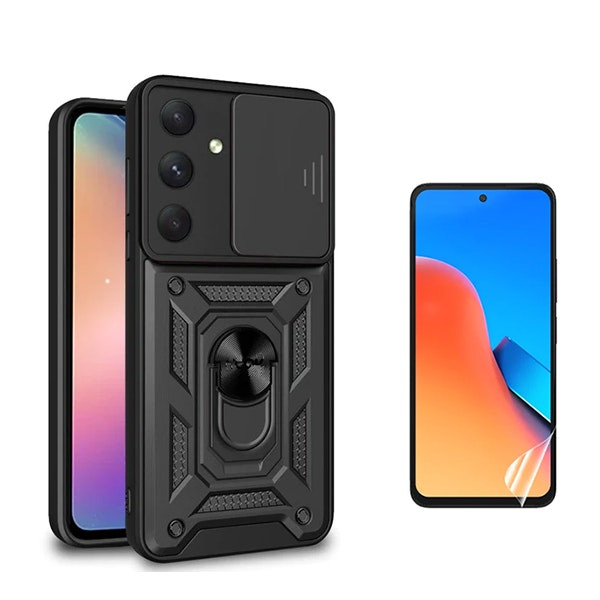Kit Película Hydrogel Full Cover Frente + Capa Magnetic Military Defender Slide Window Anti-Impacto para Samsung Galaxy S23 FE - Preto