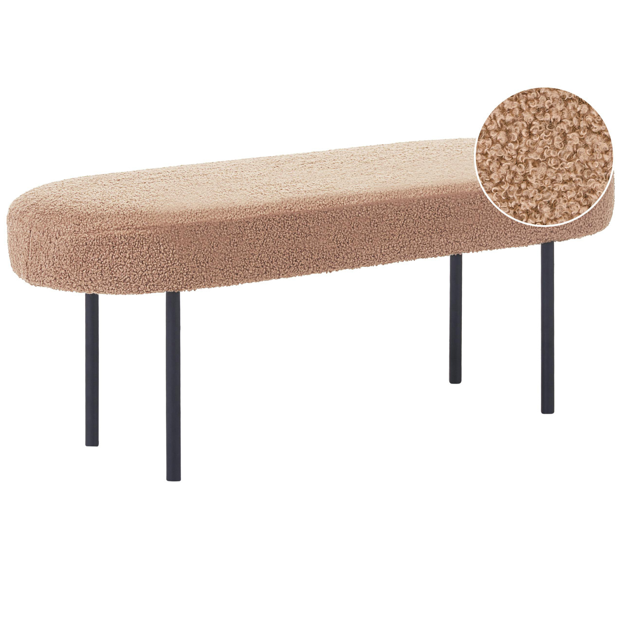 Banco oval tapizado en bouclé con patas metálicas
