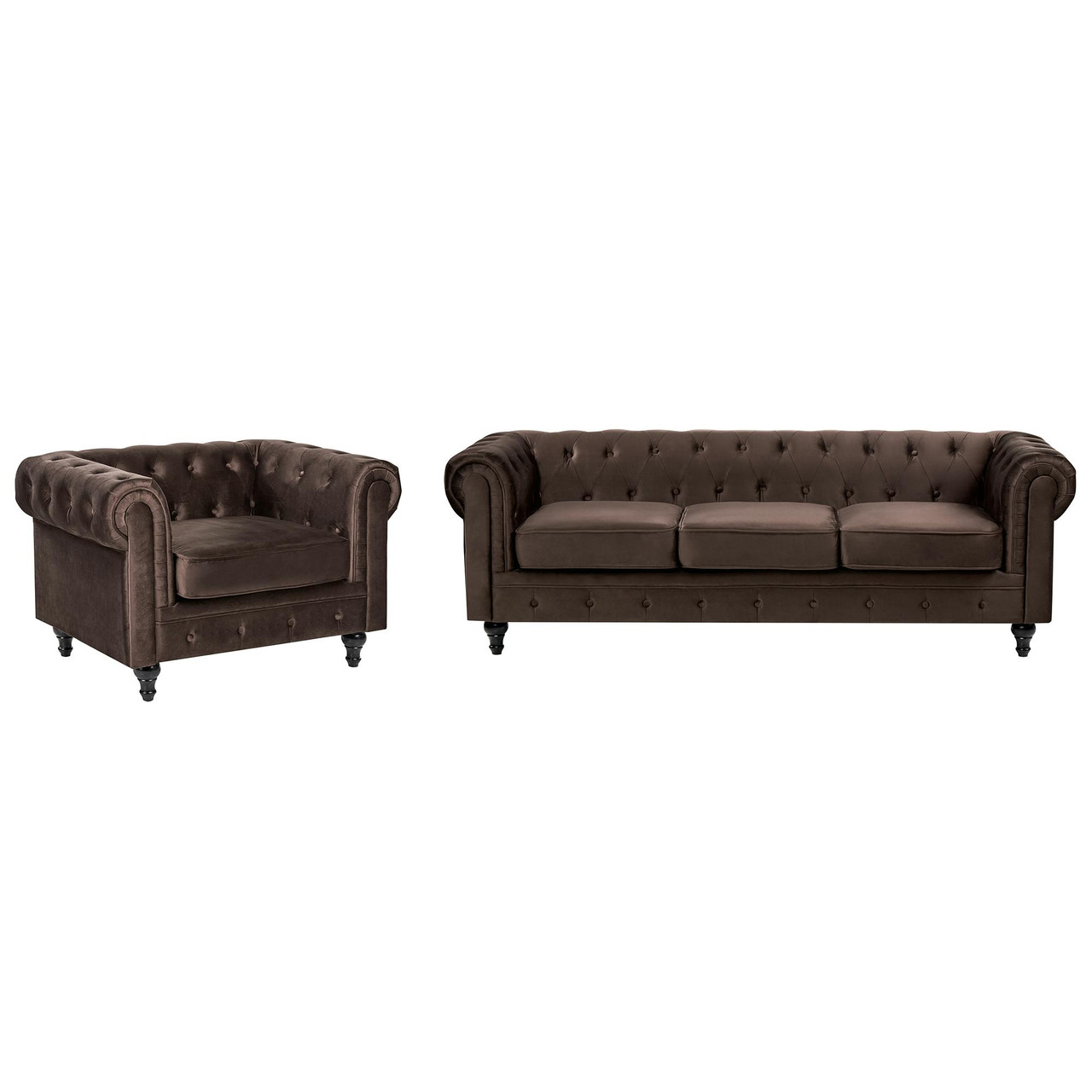 Conjunto de sofás Chesterfield en terciopelo marrón 3+1 plazas