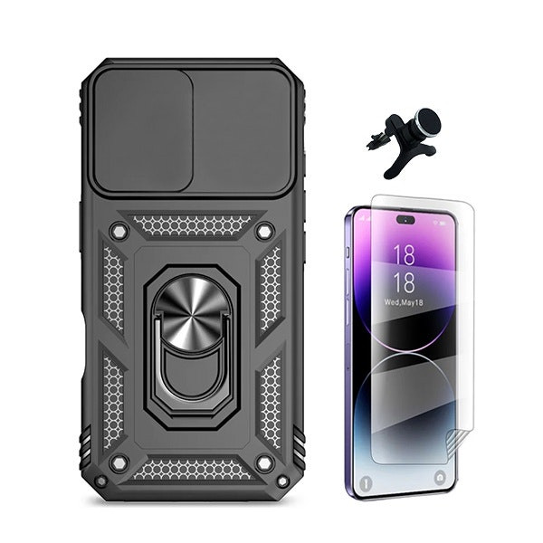 Kit: Hydrogel Screen Protector + Magnetic Military Defender Case + Magnetic Car Mount - Black