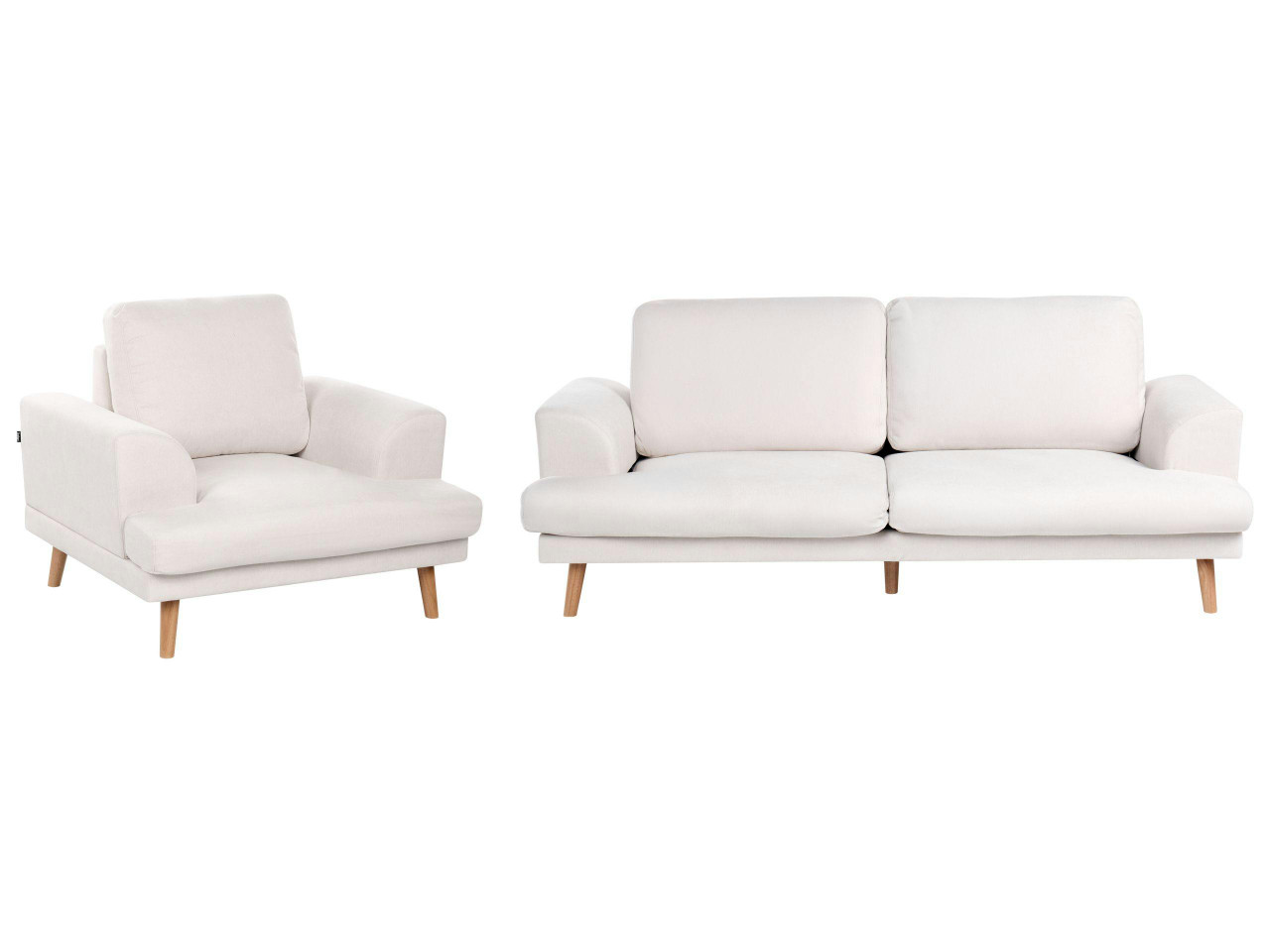 Conjunto sofá 3 plazas y butaca en tejido crema claro con estructura de madera