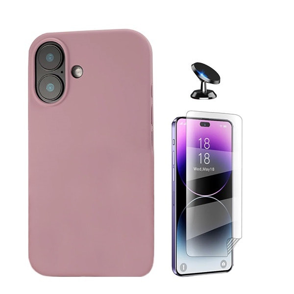 Hydrogel Full Cover Screen Protector Kit with Liquid Silicone Case and Magnetic Car Mount for iPhone 16 Plus - Pink