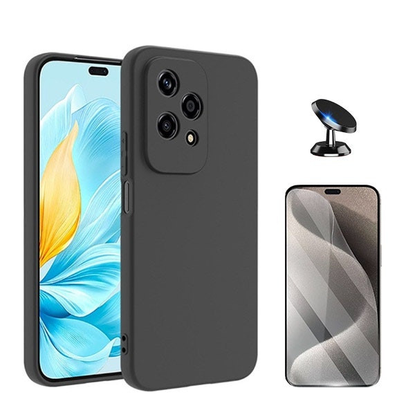Kit Película Hydrogel Full Cover con Funda Silicona Líquida y Soporte Magnético para Honor 200 Lite - Negro