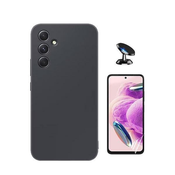 Hydrogel full cover screen protector kit with liquid silicone case and magnetic car mount for Samsung Galaxy A55 5G - Black
