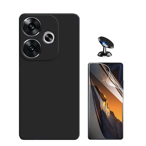Kit protector hydrogel Full Cover con funda silicona líquida y soporte magnético para Xiaomi Poco F6 - Negro