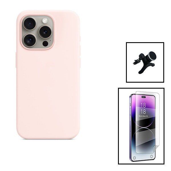Película hydrogel full cover + funda silicona líquida + soporte magnético para iPhone 15 Plus