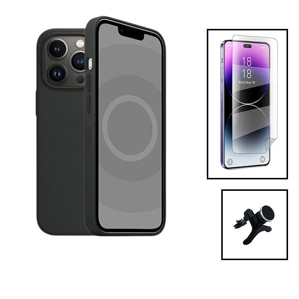 Kit protector hidrogel full cover con funda de silicona líquida y soporte magnético para iPhone 15 Pro - Negro