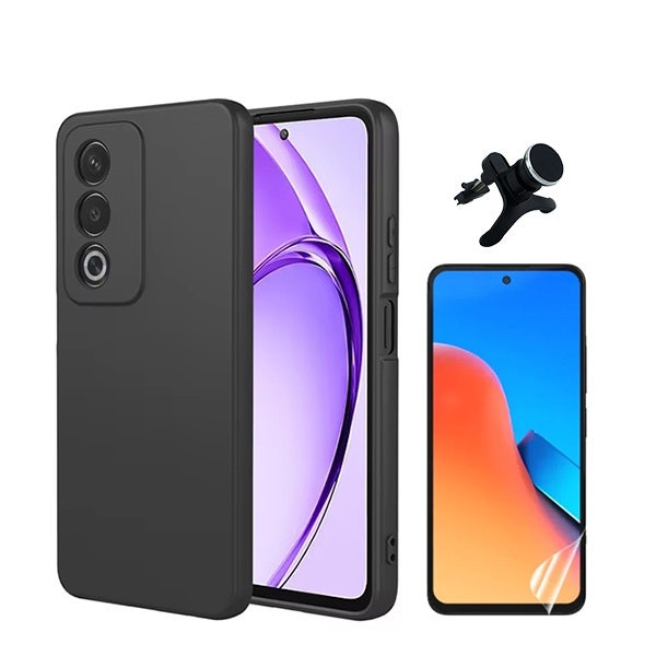 Kit de protección Hydrogel full cover con funda de silicona líquida y soporte magnético para Oppo A80 5G - Negro