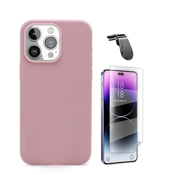 Protector hydrogel full cover con funda de silicona líquida y soporte magnético para iPhone 16 Pro Max - Rosa