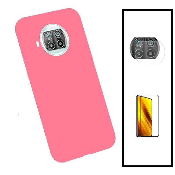 Kit funda silicona líquida con vidrio Full Cover 5D y protector de cámara para Xiaomi Mi 10i - Rosa