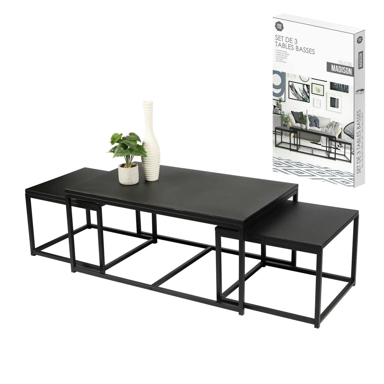 Conjunto de 3 mesas de centro en metal, 1 grande + 2 pequeñas