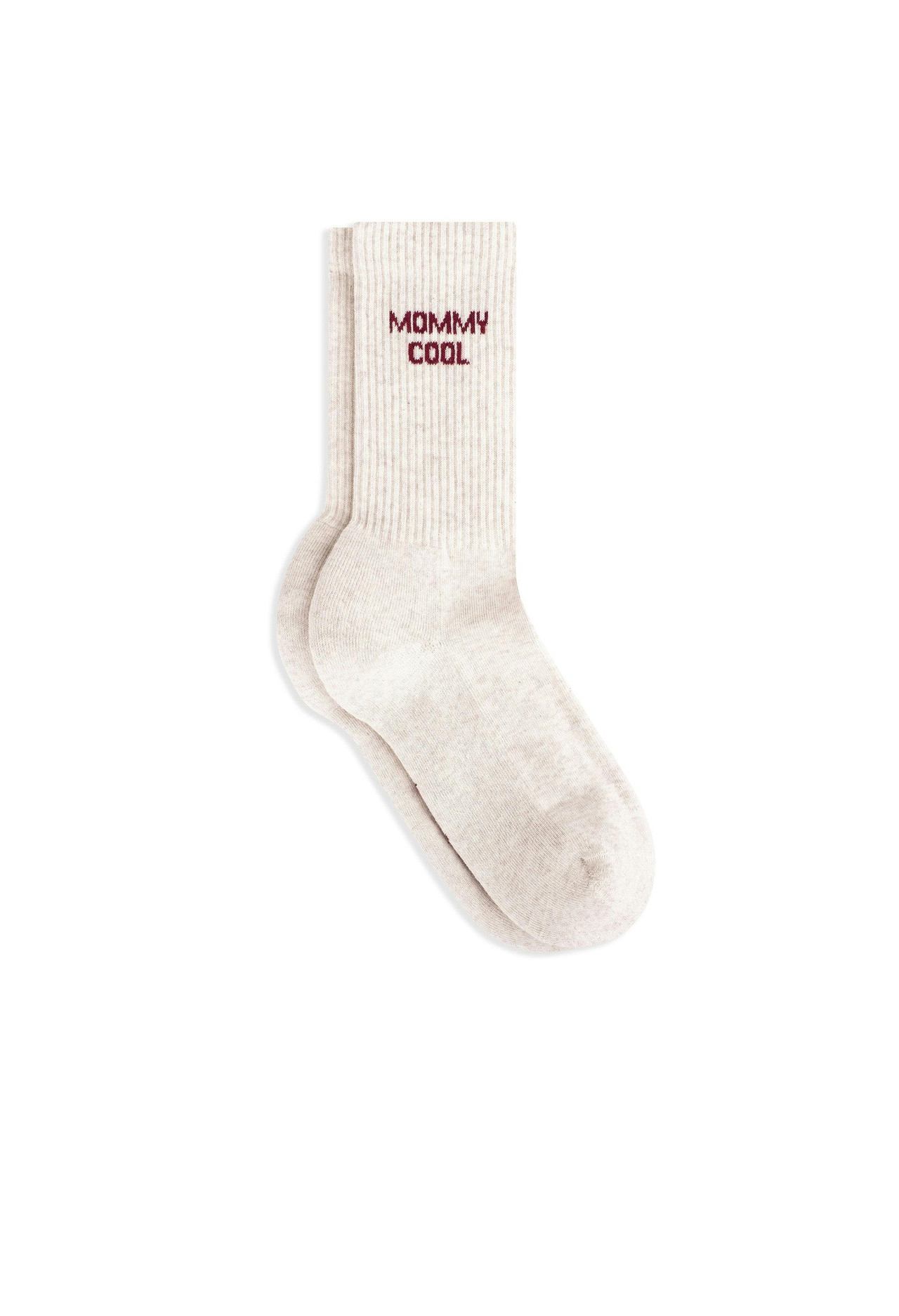 Calcetines Mommy Cool beige con texto burdeos