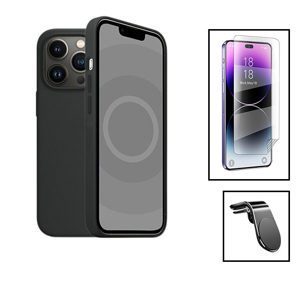 Kit hydrogel full cover con funda de silicona y soporte magnético para iPhone 15 Pro Max - Negro