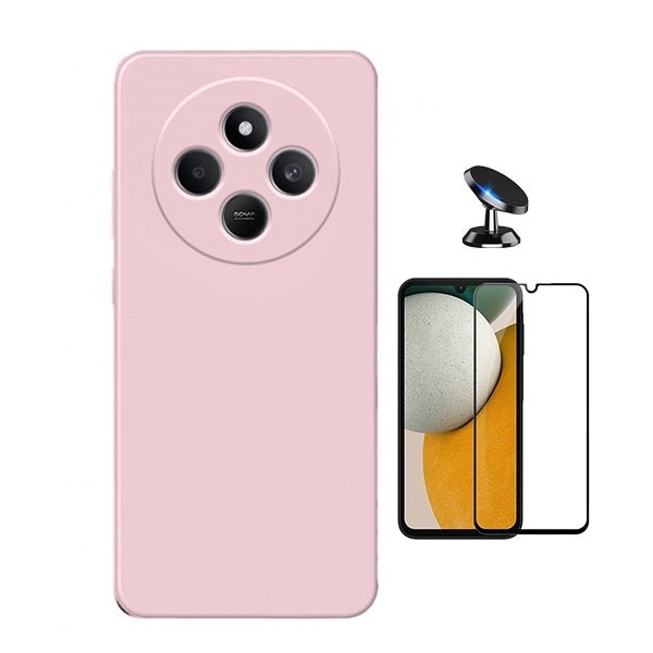 Kit vidrio templado full cover con funda de silicona y soporte magnético para Redmi 14R