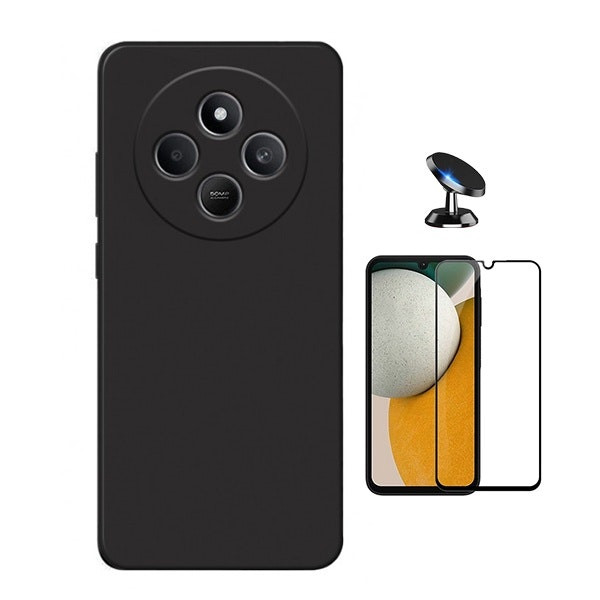 Kit Vidrio Templado, Funda Silicona Líquida y Soporte Magnético para Xiaomi Redmi 14R - Negro