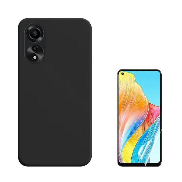 Funda de silicona líquida y protector hydrogel full cover para Oppo A78 4G - Negro