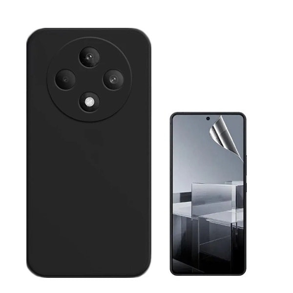 Hydrogel Full Cover Screen Protector and Liquid Silicone Case for Oppo Reno12 F 5G - Black