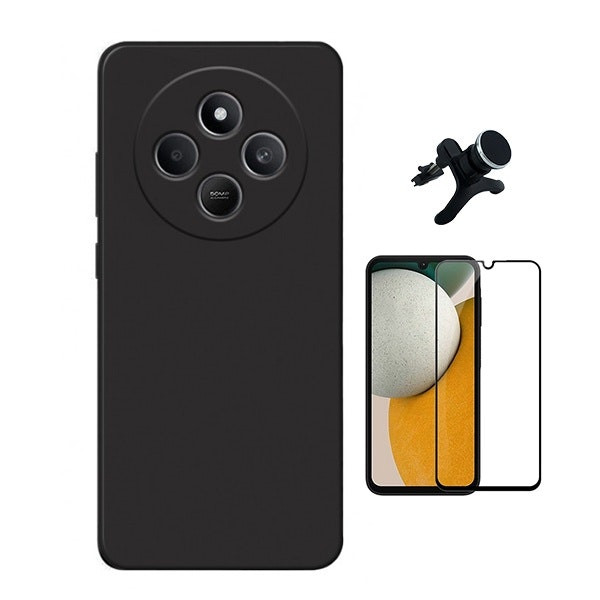 Tempered Glass Screen Protector Kit, Silicone Case and Magnetic Mount for Redmi 14R - Black