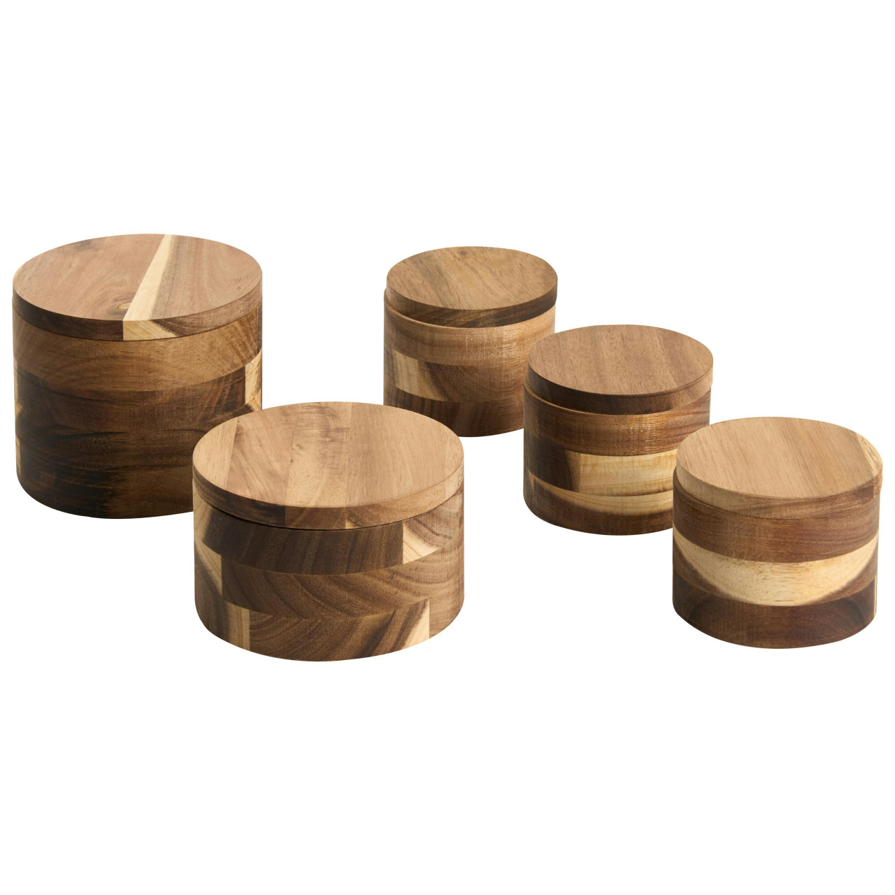 Set of 5 acacia wood spice jars with rotating lids