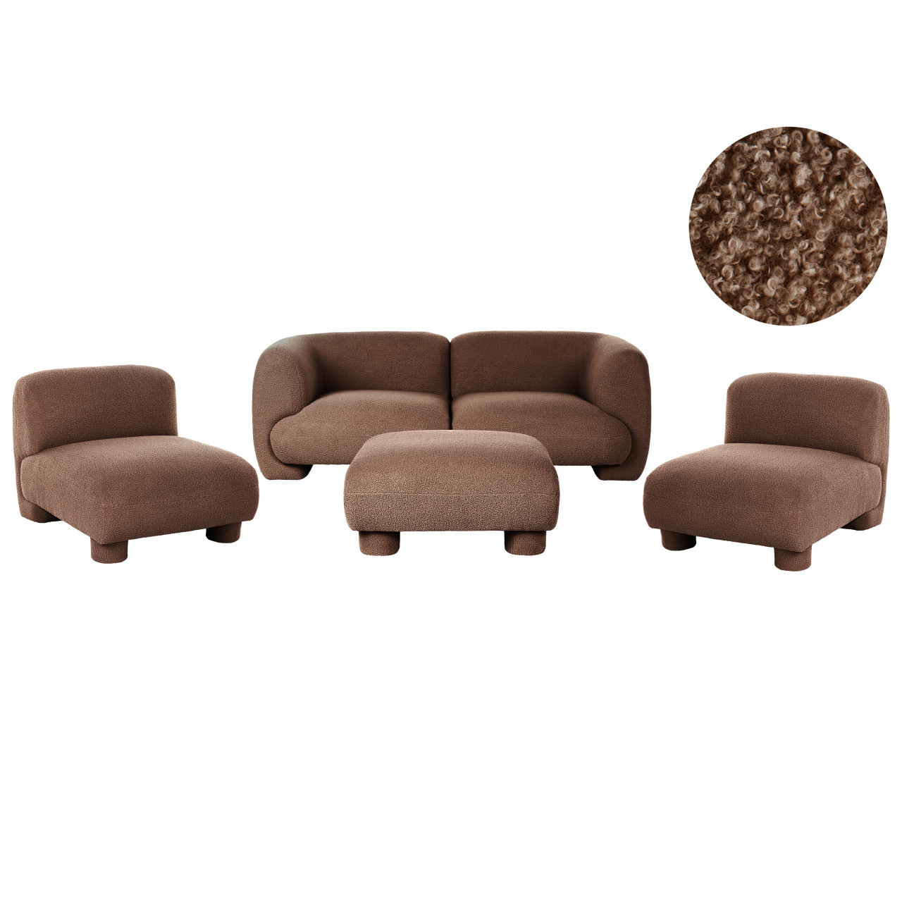 Modular curved sofa and armchair set in bouclé brown