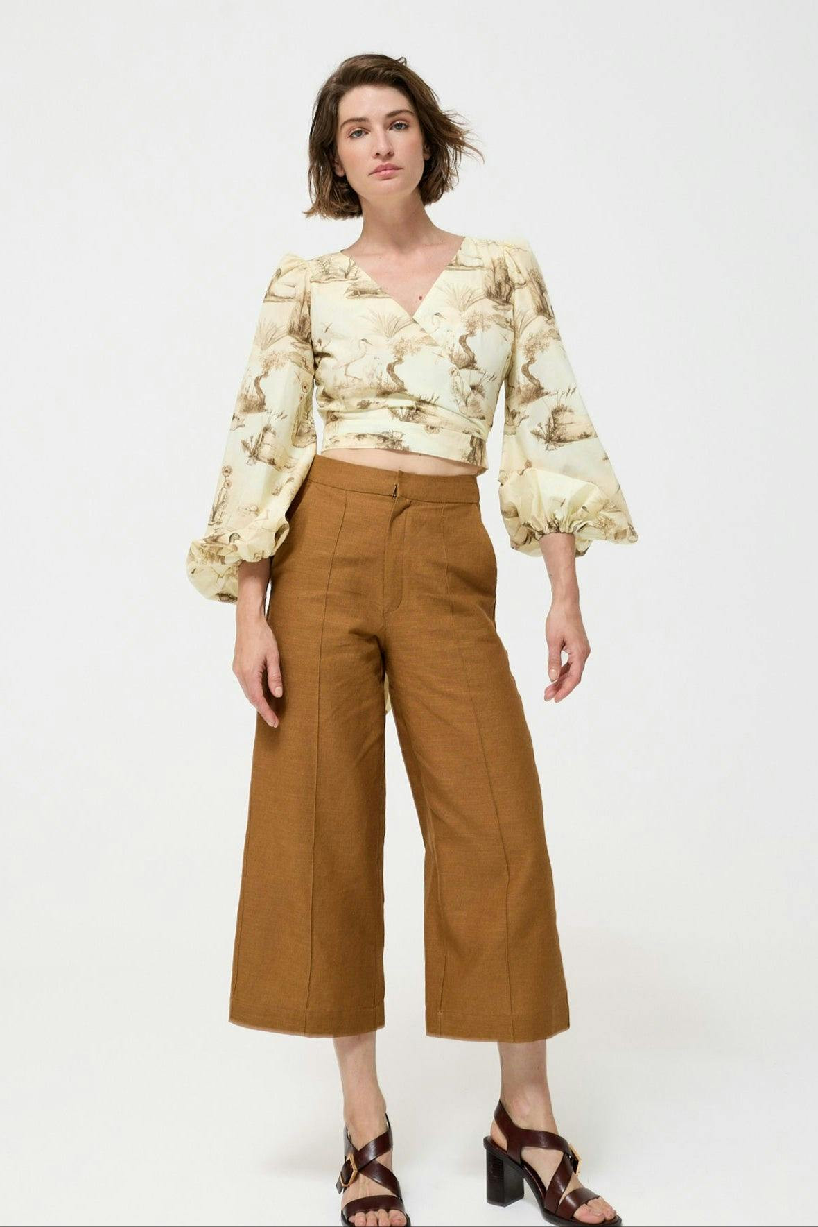 Pantalones de lino anchos talle alto largo hasta el tobillo