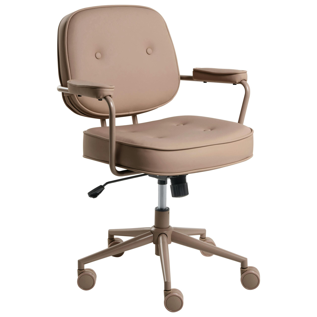 Retro office chair in brown faux leather with armrests