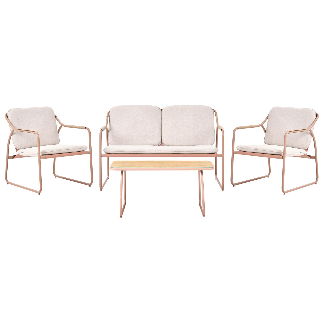 Conjunto lounge exterior con mesa de centro en cristal templado y estructura de acero