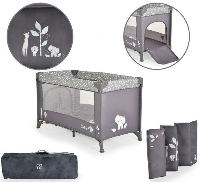 Cuna de viaje Safari Graphite - plegable con ventanas de malla y cremallera lateral