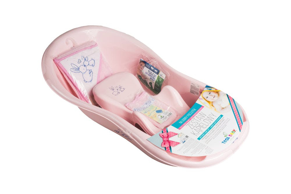 Juego de bañera para bebé con asiento, toalla, manopla y kit de drenaje Coelhinhos rosa
