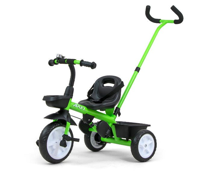 Axel tricycle with removable parent handle and toy basket