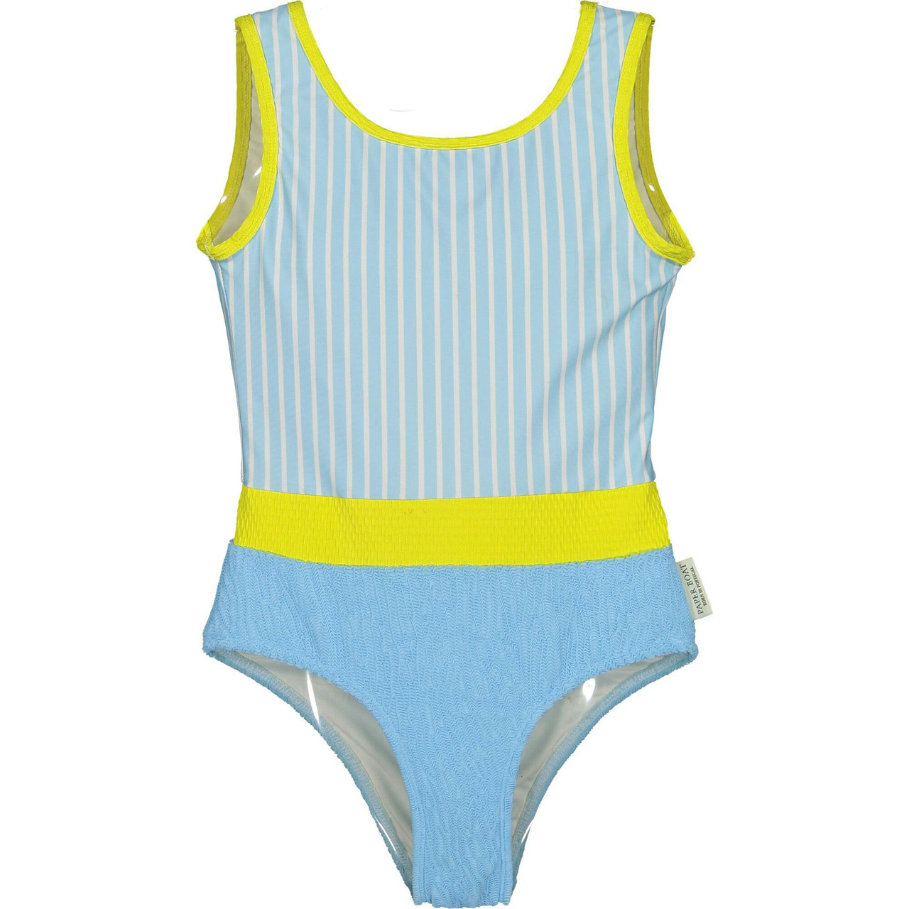 One-piece textured sky blue swimsuit with yellow details