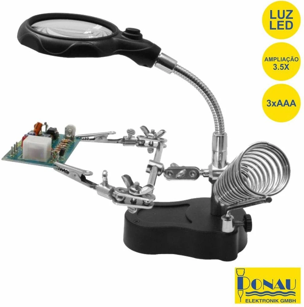 Articulated holder with magnifier, clamps and LED