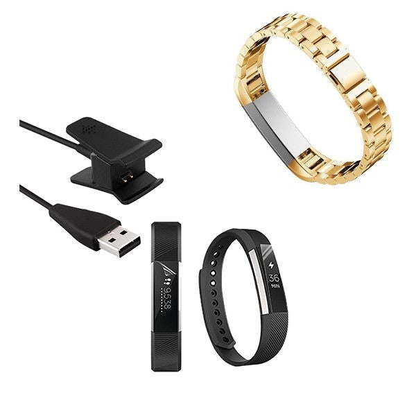 Correa de acero inoxidable compatible con Fitbit Alta con cargador USB y protector de pantalla