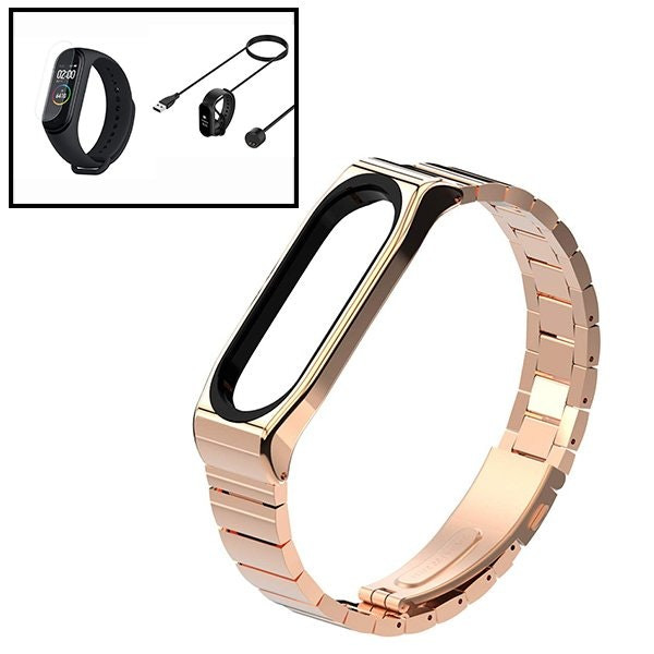 Stainless Lux replacement metal strap with USB charger and screen protector for Mi Band 6