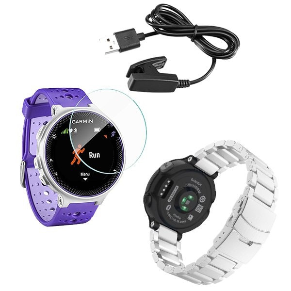 Stainless Lux Steel Strap for Garmin Forerunner 645 with USB Charger and Screen Protector - Grey