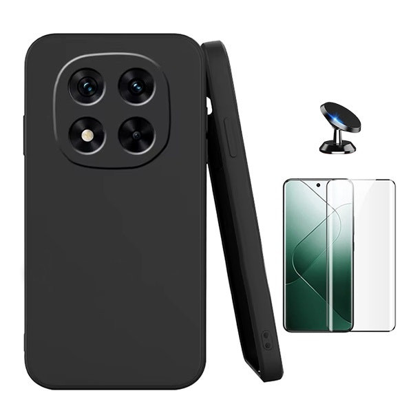 Kit Vidro Curved + Capa Silicone Líquido + Suporte Magnético Phonecare Para Xiaomi Redmi Note 14 Pro - Preto