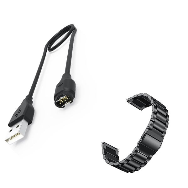 Correa de Acero para Garmin VivoActive 3 con Cargador USB y Herramienta - Negro