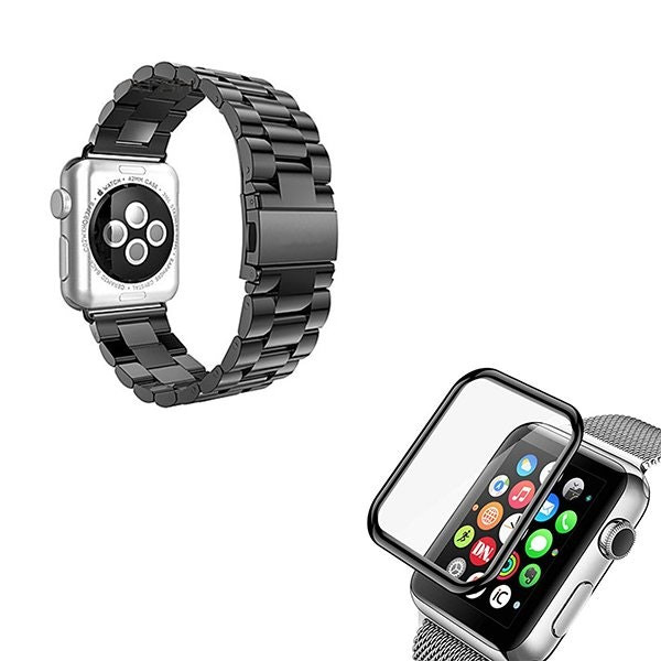 Stainless Lux steel strap with tool and 3D glass protector for Apple Watch SE 44mm