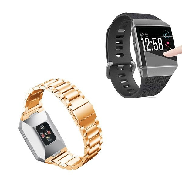 Correa de acero y protector de pantalla para Fitbit Ionic - Oro