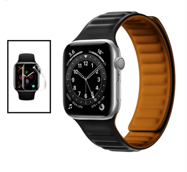 Kit Bracelete Magnetic Smoothsilicone + Película de Hydrogel para Apple Watch Series 10 - 42mm - Preto Laranja