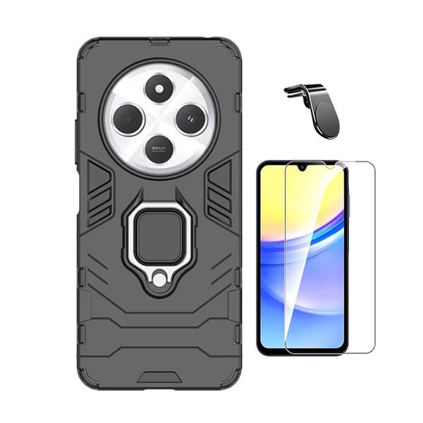 Clearglass tempered glass kit with Military Defender 3-in-1 case and L magnetic mount for Xiaomi Redmi 14C - Black