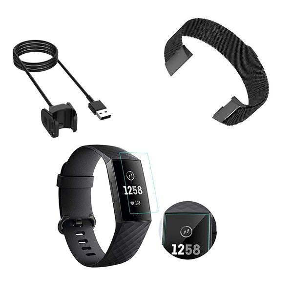 Kit Correa Milanese Loop con Cargador USB y Protector para Fitbit Charge 3